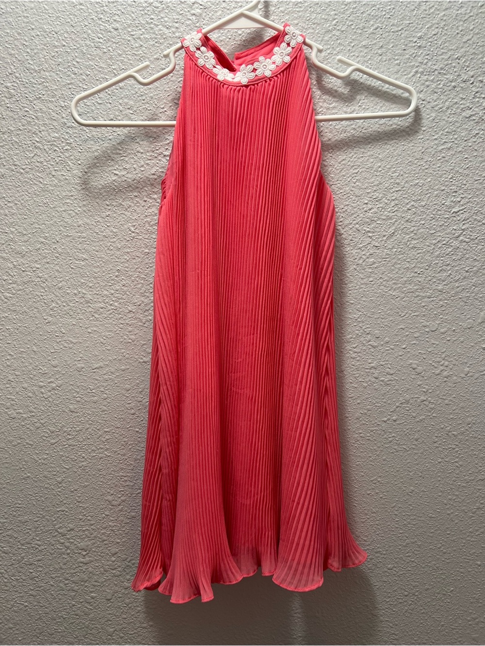 Janie and Jack Pink Pleated Halter Dress with White Floral Trim